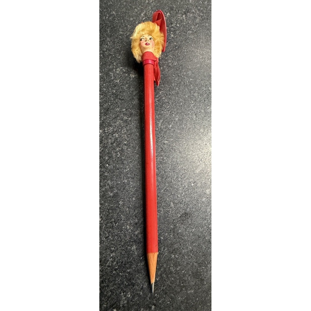 Vintage 1950s Novelty Doll Head Pencil Blonde Hair Red Hat Mid Century Figural